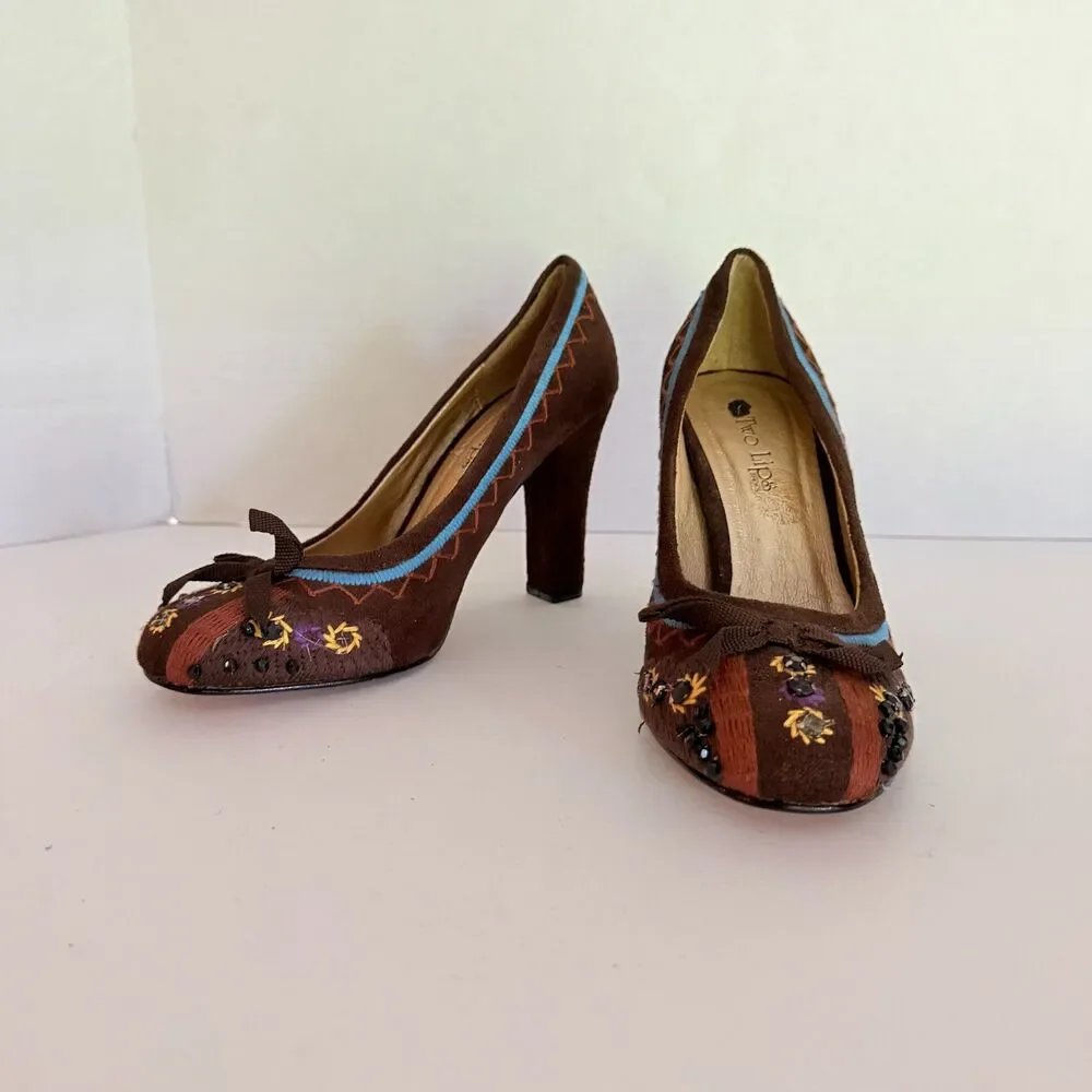Two Lips, VTG Y2K Brown Round Toe Beaded Bow Pumps, 8 Boho Twee